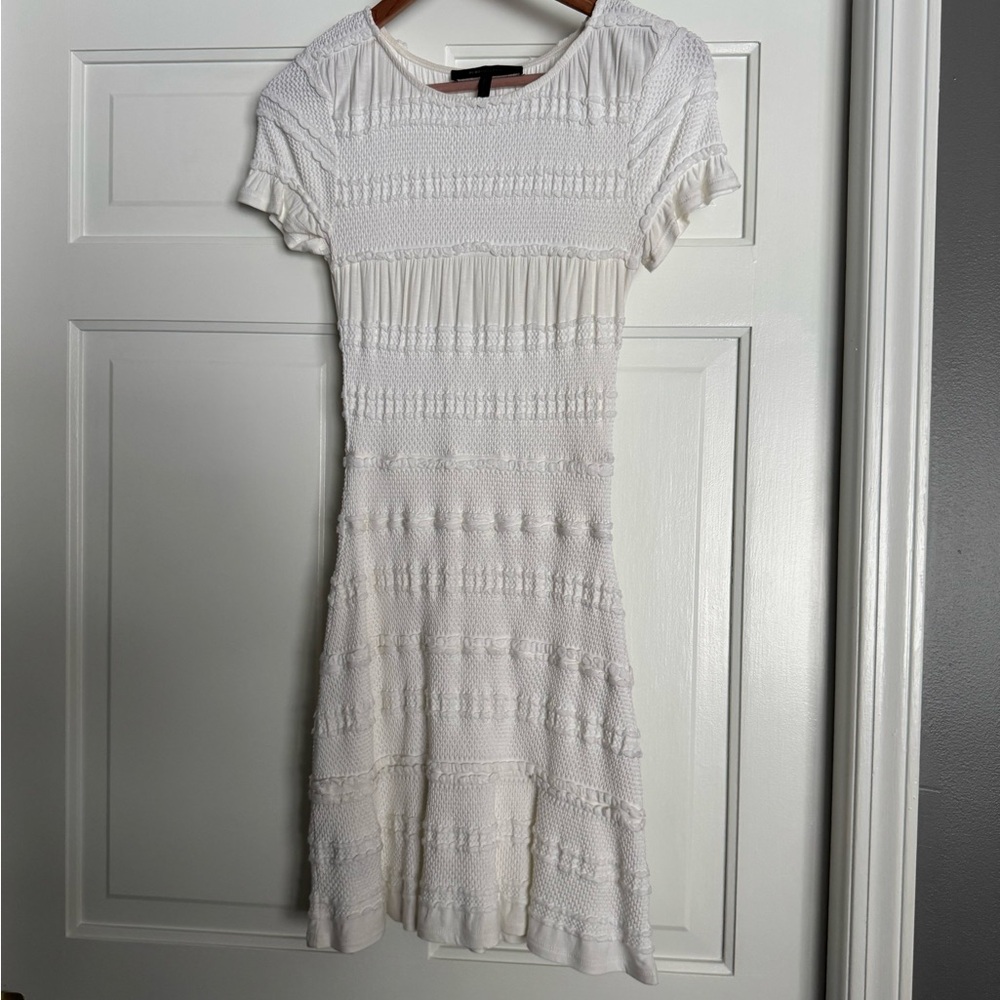 BCBGMaxAzria White Sheath Dress with Cuffed Sleeves and Crew Neck